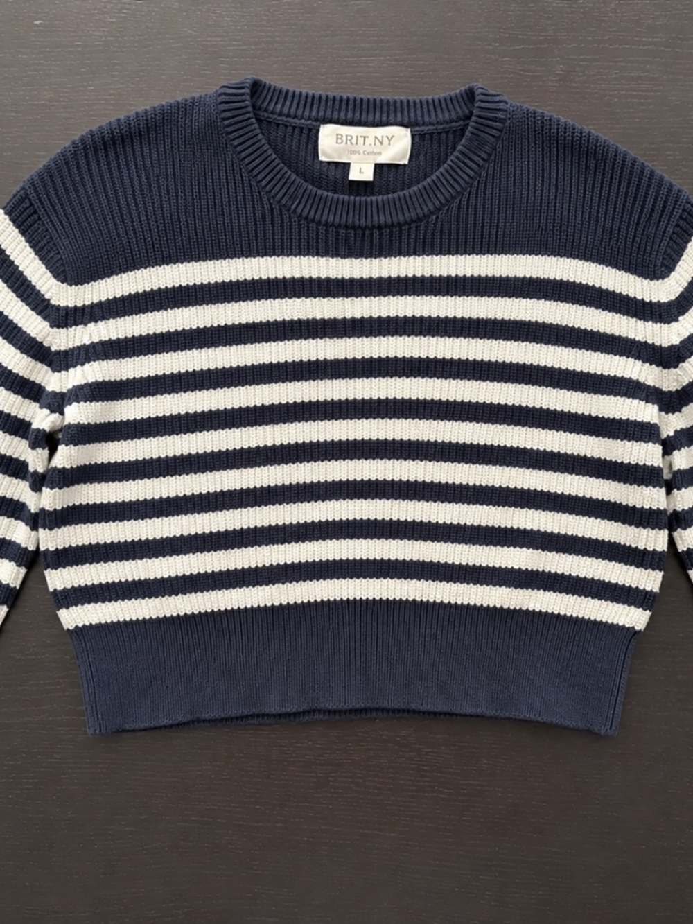 BRIT.NY 100% Cotton Navy White Breton Stripe Cropped Sweater L